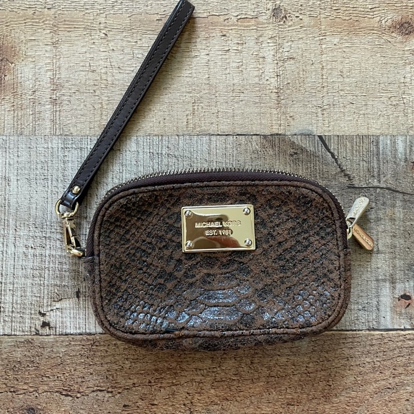 Michael Kors Snakeskin Wristlet Black and Brown with Gold Logo Plaque and double - Picture 1 of 10